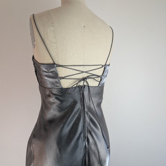 Silver Gown Retro 90s Prom Dress Empire Waist Y2K Special Occassion Thea Dora 4 - Picture 1 of 12